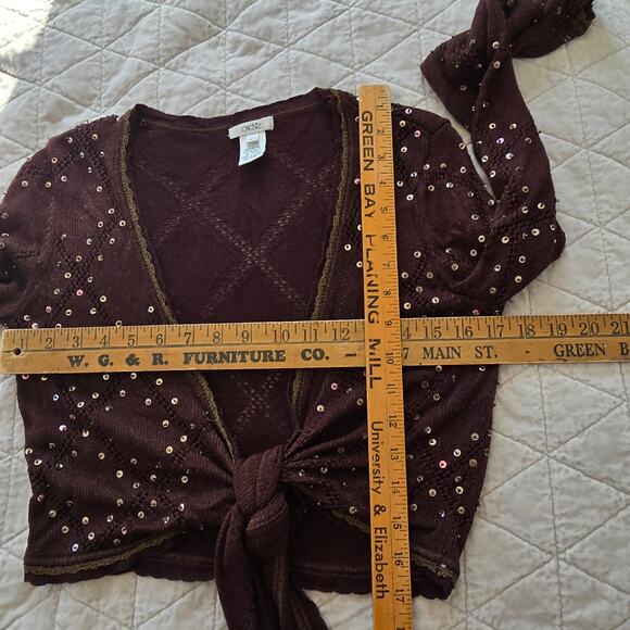 VTG Cache Y2K Shrug Sweater L Brown Gold Sequin Bead Dark Romantic Forest Fairy - Picture 7 of 9